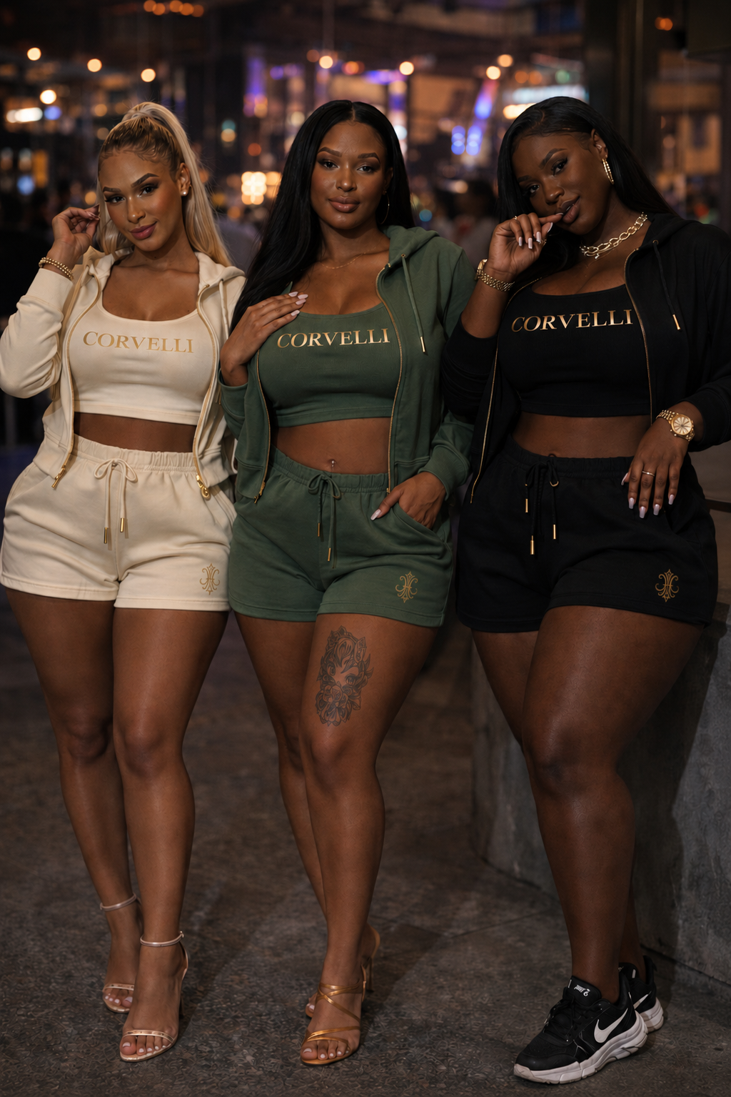 Three women wearing Corvelli Private Summer Sets in ivory, olive and black